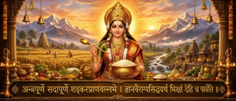 Goddess Annapurna, remembered as the Mother who nourishes and gives the food of wisdom and vairagya. contains exact Sanskrit shloka "अन्नपूर्णे सदापूर्णे शङ्करप्राणवल्लभे । ज्ञानवैराग्यसिद्ध्यर्थं भिक्षां देहि च पार्वति ॥"