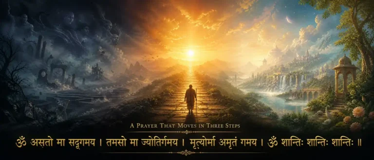 Upanishadic prayer asking to be led from unreality to truth, darkness to light, and death to immortality. contains exact shloka "ॐ असतो मा सद्गमय । तमसो मा ज्योतिर्गमय । मृत्योर्मा अमृतं गमय । ॐ शान्तिः शान्तिः शान्तिः ॥"