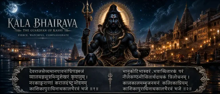 श्रीकालभैरवाष्टकम् praises Kala Bhairava as the lord of Kashi, guardian of sacred space, and fierce form of Shiva. contains part of the strotram