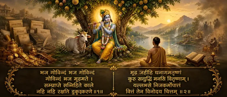 भज गोविन्दं turning the heart toward Govinda lord Krishna and away from pride, distraction, and empty learning. contains the part of the strotram भज गोविन्दं भज गोविन्दं गोविन्दं भज मूढमते । सम्प्राप्ते सन्निहिते काले नहि नहि रक्षति डुकृङ्करणे ॥१॥