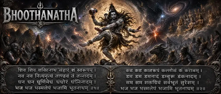 Bhoothanatha Ashtakam श्रीभूतनाथाष्टकम् Shiva as Bhoothanatha. the Lord of beings, remembered through images of ash, cosmic dance, sound, time, and grace. Image has few lines of the strotram