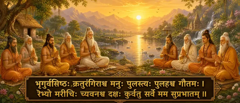 भूगुर्वसिष्ठः क्रतुः a morning remembrance verse that invokes revered rishis such as Bhrigu, Vashishta, Kratu, Angiras, Manu, Pulastya, Pulaha, Gautama, Raibhya, Marichi, Chyavana, and Daksha. The image has exact shloka: "भूगुर्वसिष्ठः क्रतुरंगिराश्च मनुः पुलस्त्यः पुलहश्च गौतमः । रैम्यो मरीचिः च्यवनश्च दक्षः कुर्वतु सर्वे मम सुप्रभातम् ।।"
