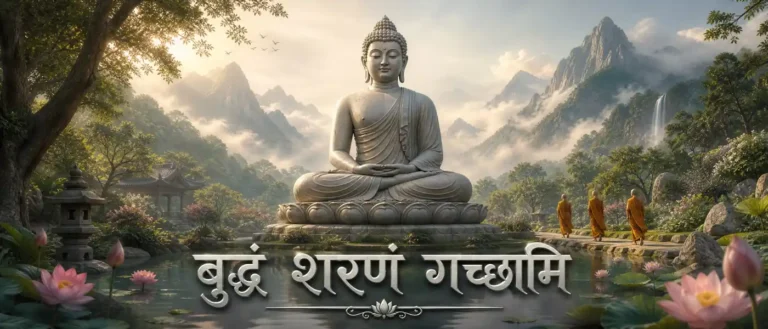 a devotional image for lord buddha with बुद्धं शरणं गच्छामि written on the image. Image represents the essence of Buddham Sharanam Gacchami shloka