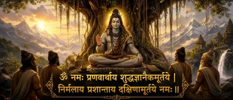 ॐ नमः प्रणवार्थाय - Dakshinamurthy verse that honors Shiva as the silent teacher and the pure meaning of Om. contains exact sanskrit script: ॐ नमः प्रणवार्थाय शुद्धज्ञानैकमूर्तये निर्मलाय प्रशान्ताय दक्षिणामूर्तये नमः