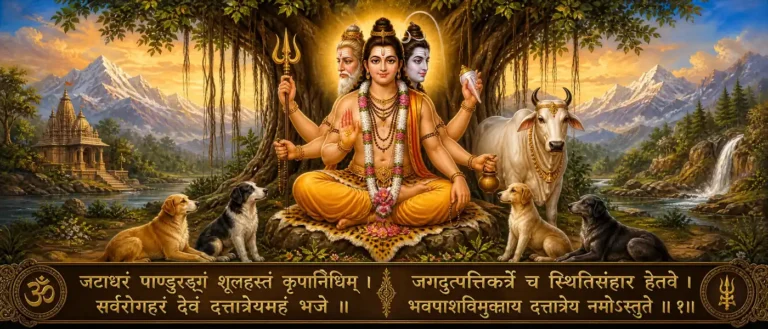 दत्तात्रेय स्तोत्र - the compassionate guru, avadhuta, yogic teacher, and the unified presence of Brahma, Vishnu, and Shiva. Contains exact sanskrit text: जटाधरं पाण्डुरङ्गं शूलहस्तं कृपानिधिम् । सर्वरोगहरं देवं दत्तात्रेयमहं भजे ॥ जगदुत्पत्तिकर्त्रे च स्थितिसंहार हेतवे । भवपाशविमुक्ताय दत्तात्रेय नमोऽस्तुते ॥ १॥