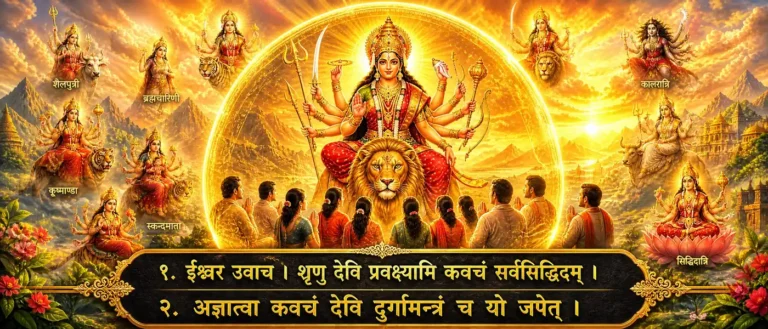 दुर्गा कवचम् - a protective hymn to Goddess Durga, remembering her presence over the body, the mind, and all directions of the devotee life. Contains sanskrit text: ईश्वर उवाच । श‍ृणु देवि प्रवक्ष्यामि कवचं सर्वसिद्धिदम् । अज्ञात्वा कवचं देवि दुर्गामन्त्रं च यो जपेत् ।