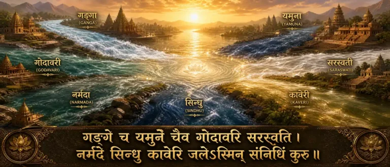 गङ्गे च यमुने - sacred-river shloka that invokes the presence of seven holy rivers in water and merger them. contains exact sanskrit text: गङ्गे च यमुने चैव गोदावरि सरस्वति । नर्मदे सिन्धु कावेरि जलेऽस्मिन् सन्निधिं कुरु ॥