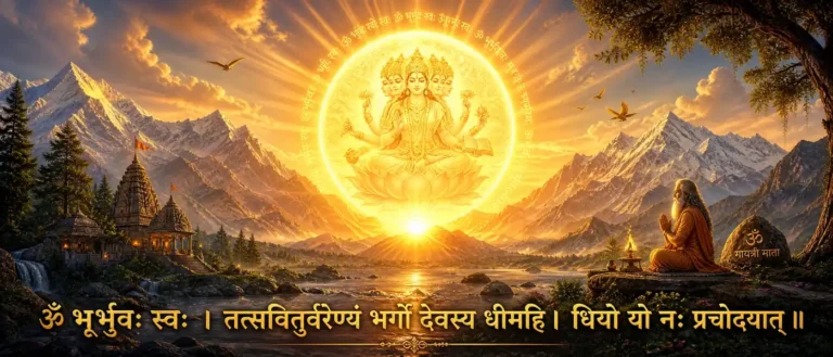 गायत्री मंत्र - a prayer for light, understanding, and right thought. contains exact sanskrit text: ॐ भूर्भुवः स्वः । तत्सवितुर्वरेण्यं भर्गो देवस्य धीमहि । धियो यो नः प्रचोदयात् ॥