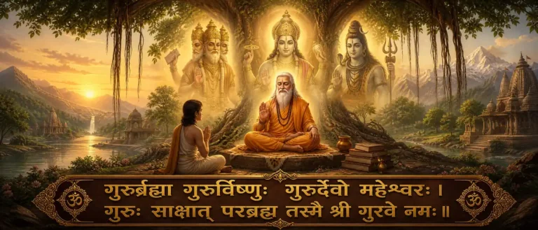 गुरु मन्त्रम् - Guru Brahma Vishnu honors the teacher as a sacred guide toward knowledge and truth. contains exact Sanskrit text: गुरुर्ब्रह्मा गुरुर्विष्णुः गुरुर्देवो महेश्वरः । गुरुः साक्षात् परब्रह्म तस्मै श्री गुरवे नमः ॥