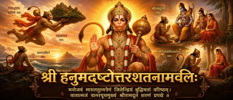 श्री हनुमदष्टोत्तरशतनामावली: remembers Hanuman through 108 names connected with strength, Rama devotion, courage, service, wisdom, and protection. contains exact Sanskrit text: श्री हनुमदष्टोत्तरशतनामावली: मिरदोणि धारिणे नमः: सागरलंघने नमः: महाबाल्य नमः: शीरामदूताय नमः: सीताशोकिविनाशनय नमः: मनोजवं मारुततुल्यवेगम् जितेन्द्रियं बुद्धिमत्ता । वातात्मज श्रीरामदूतचरणप्रपद्॥