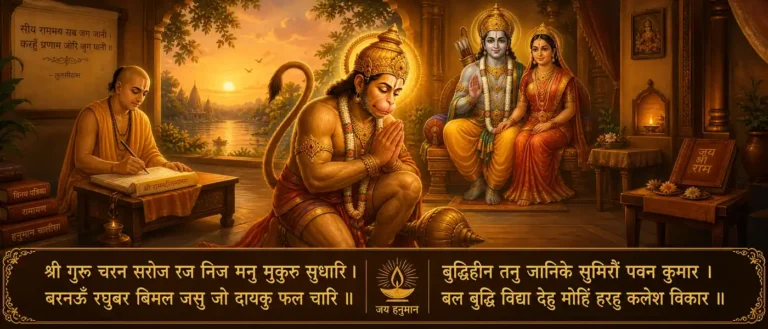 श्री हनुमान चालीसा - Hanuman ji as a remover of distress and auspicious form, asking that he dwell in the heart with Ram, Lakshman, and Sita. contains exact Awadi text: श्री गुरु चरण सरोज रज, निज मनु मुकुरु सुधारि। वरनऊँ रघुवर विमल जसु, जो दायकु फल चारि॥ बुद्धिहीन तनु जानिके, सुमिरो पवन कुमार। बल बुद्धि विद्या देहु मोहिं, हरहु कलेश विकार॥