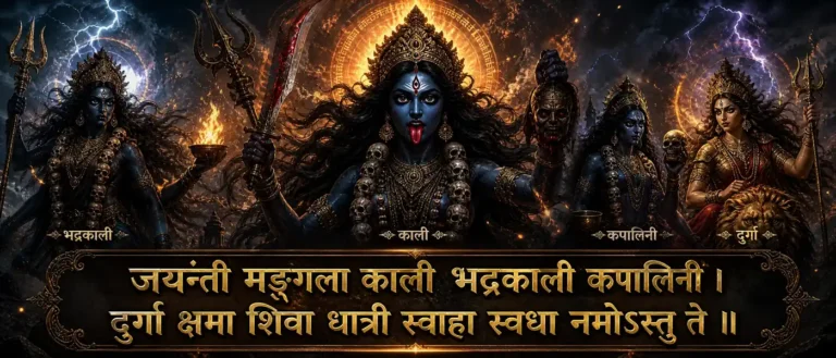 जयन्ती मङ्गला काली - Salutations to the Goddess known as Jayanti, Mangala, Kali, Bhadrakali, Kapalini, Durga, Kshama, Shiva, Dhatri, Svaha, and Svadha. contains exact sanskrit text: जयन्ती मङ्गला काली भद्रकाली कपालिनी । दुर्गा क्षमा शिवा धात्री स्वाहा स्वधा नमोऽस्तु ते ॥