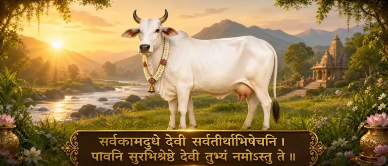 कामधेनु श्लोक - the sacred cow, as a purifying and nourishing divine presence connected with holy waters and abundance. contains exact sanskrit text: सर्वकामदुधे देवी सर्वतीर्थाभिषेचनि । पावनि सुरभिश्रेष्ठे देवी तुभ्यं नमोऽस्तु ते ॥ सर्वकामदुधे देवी सर्वतीर्थाभिषेचनि । पावनि सुरभिश्रेष्ठे देवी तुभ्यं नमोऽस्तु ते ॥
