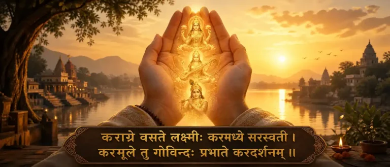 कराग्रे वसते लक्ष्मीः morning prayer that remembers Lakshmi, Saraswati, and Govinda before the day begins. contains exact sanskrit text: कराग्रे वसते लक्ष्मीः करमध्ये सरस्वती । करमूले तु गोविन्दः प्रभाते करदर्शनम् ॥