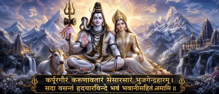 कर्पूरगौरं - Shiva as radiant, compassionate, and seated with Bhavani in the heart. contains sanskrit exact text: कर्पूरगौरं करुणावतारं संसारसारं भुजगेन्द्रहारम् । सदा वसन्तं हृदयारविन्दे भवं भवानीसहितं नमामि ॥