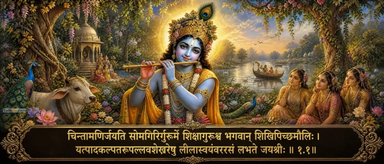 श्रीकृष्णकर्णामृतम् - beautiful, sweet, and enchanting adolescent/childhood form (Balagopala). It captures his divine playfulness (lilas), his flute-playing, and his relationship with Radha and the gopis. contains exact sanskrit text: चिन्तामणिर्जयति सोमगिरिर्गुरुर्मे शिक्षागुरुश्च भगवान् शिखिपिञ्छमौलिः ।यत्पादकल्पतरुपल्लवशेखरेषु लीलास्वयंवररसं लभते जयश्रीः ॥ १.१॥