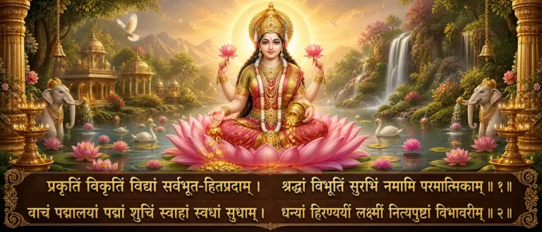 श्री लक्ष्मी अष्टोत्तरशतनाम स्तोत्रम् - 108-name praise of Goddess Lakshmi, remembering her as nature, wisdom, mother, lotus presence, Vishnu consort, and auspicious grace. contains exact sanskrit text: प्रकृतिं विकृतिं विद्यां सर्वभूत-हितप्रदाम् । श्रद्धां विभूतिं सुरभिं नमामि परमात्मिकाम् ॥ वाचं पद्मालयां पद्मां शुचिं स्वाहां स्वधां सुधाम् । धन्यां हिरण्ययीं लक्ष्मीं नित्यपुष्टां विभावरीम् ॥