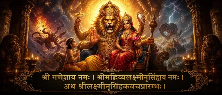 नृसिंहकवचं - Lakshmi Narasimha, traditionally associated with Prahlada, remembering Narasimha as the fierce and compassionate protector of the devotee. contains exact sanskrit text: श्री गणेशाय नमः । श्रीमद्दिव्यलक्ष्मीनृसिंहाय नमः । अथ श्रीलक्ष्मीनृसिंहकवचप्रारम्भः ।