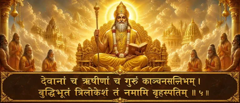 Hindu navagraha lord Birshpati बृहस्पति representing his shloka देवानां च ऋषीणां च गुरुं काञ्चनसन्निभम् । बुद्धिभूतं त्रिलोकेशं तं नमामि बृहस्पतिम् ॥ ५॥ bows to Guru Brihaspati, the teacher of devas and rishis.