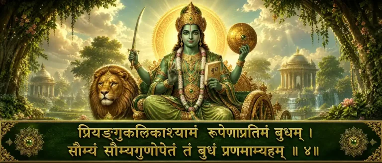 बुधं नवग्रह श्लोक bows to Lord Budha of Navagraha as gentle, graceful, and refined in qualities. contains exact shloka: प्रियङ्गुकलिकाश्यामं रूपेणाप्रतिमं बुधम् । सौम्यं सौम्यगुणोपेतं तं बुधं प्रणमाम्यहम् ॥ ४॥
