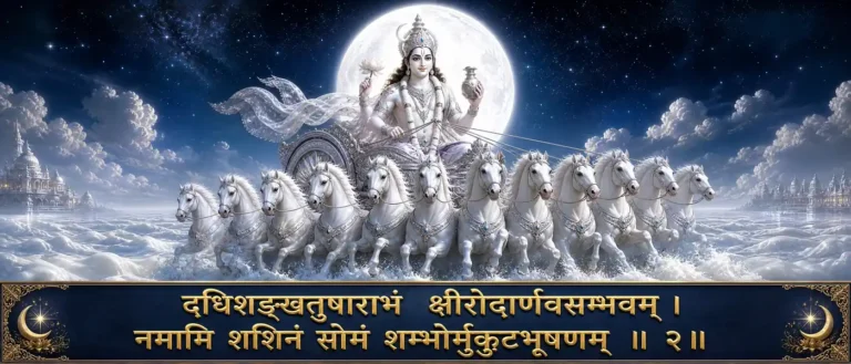 bow to Soma, the Moon, shining like curd, conch, and snow, born of the ocean of milk, and adorning Shiva's crown. contains exact Sanskrit shloka: दधिशङ्खतुषाराभं क्षीरोदार्णवसम्भवम् । नमामि शशिनं सोमं शम्भोर्मुकुटभूषणम् ॥ २॥