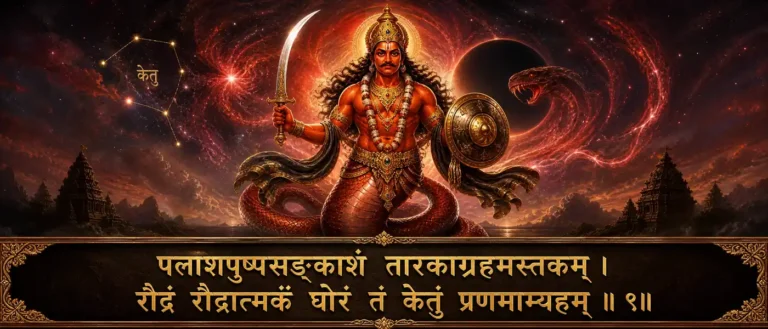 केतुं नवग्रह श्लोक bows to Ketu through fiery, cosmic, and intense devotional imagery. contains exact Sanskrit shloka: पलाशपुष्पसङ्काशं तारकाग्रहमस्तकम् । रौद्रं रौद्रात्मकं घोरं तं केतुं प्रणमाम्यहम् ॥ ९॥