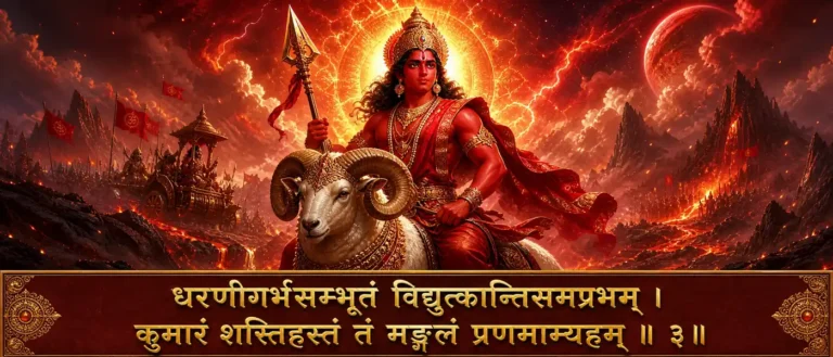 मङ्गलं नवग्रह श्लोक bows to the fiery mangala graha associated with strength, courage, and disciplined action. Contain exact sanskrit shloka: धरणीगर्भसम्भूतं विद्युत्कान्तिसमप्रभम् । कुमारं शक्तिहस्तं तं मङ्गलं प्रणमाम्यहम् ॥ ३॥