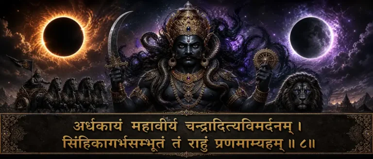 राहुं नवग्रह श्लोक bow to Rahu, half-bodied, greatly powerful, the one who troubles the Moon and the Sun, and who was born from Simhika. contains exact sanskrit text: अर्धकायं महावीर्यं चन्द्रादित्यविमर्दनम् । सिंहिकागर्भसम्भूतं तं राहुं प्रणमाम्यहम् ॥ ८॥