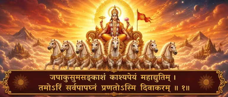 bow to Divakara, the Sun, radiant like the hibiscus flower, born of Kashyapa, full of great light, and the remover of darkness. contains exact surya graha shloka: जपाकुसुमसङ्काशं काश्यपेयं महाद्युतिम् । तमोऽरिं सर्वपापघ्नं प्रणतोऽस्मि दिवाकरम् ॥ १॥