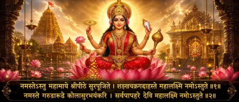 श्री महालक्ष्म्यष्टकम् - Goddess Lakshmi as mother, wisdom, power, and auspicious presence. contains exact text in Sanskrit: नमस्तेऽस्तु महामाये श्रीपीठे सुरपूजिते । शङ्खचक्रगदाहस्ते महालक्ष्मि नमोऽस्तुते ॥१॥ नमस्ते गरुडारूढे कोलासुरभयंकरि । सर्वपापहरे देवि महालक्ष्मि नमोऽस्तुते ॥२॥