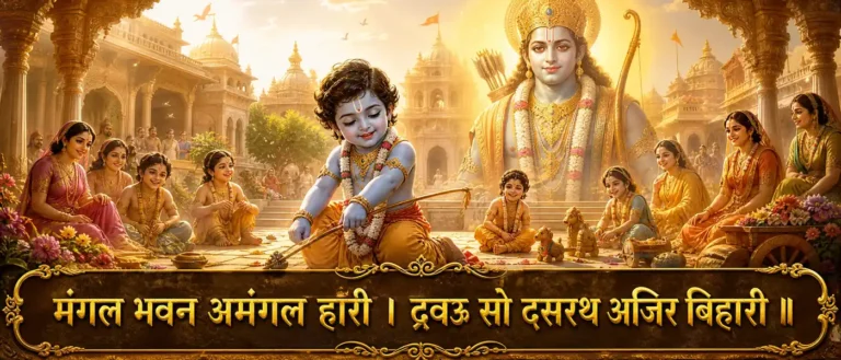 मंगल भवन अमंगल हारी - Lord Ram, the home of auspiciousness and remover of inauspiciousness, please be moved with compassion, you who played in King Dasharath's courtyard. Contains exact sanskrit text: मंगल भवन अमंगल हारी । द्रवउ सो दसरथ अजिर बिहारी ॥