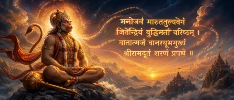 मनोजवं मारुततुल्यवेगं - Hanuman, swift as the mind, fast as the wind, master of the senses, foremost among the wise, son of the Wind, chief among the vanaras, and messenger of Shri Rama. contains exact sanskrit text. मनोजवं मारुततुल्यवेगं जितेन्द्रियं बुद्धिमतां वरिष्ठम् । वातात्मजं वानरयूथमुख्यं श्रीरामदूतं शरणं प्रपद्ये ॥
