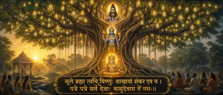 मूले ब्रह्मा त्वचि विष्णुः - divine presence in a tree: Brahma at the root, Vishnu in the bark, Shiva in the branches, and the devas in every leaf. contains exact sanskrit text: मूले ब्रह्मा त्वचि विष्णुः शाखायां शंकर एव च । पत्रे पत्रे सर्व देवाः वासुदेवाय ते नमः ।।