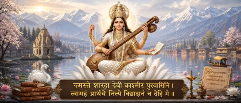 नमस्ते शारदा देवी - Saraswati, the goddess of knowledge, music, speech, and sacred understanding. contains exact Sanskrit text: नमस्ते शारदा देवी काश्मीर पुरवासिनि । त्वामहं प्रार्थये नित्यं विद्यादानं च देहि मे ॥
