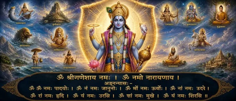 श्री नारायणकवचम् - Narayana: names, forms, avataras, weapons, directions, times of day, body, senses, mind, and breath gathered into devotion. contains exact sanskrit text: ॐ श्रीगणेशाय नमः । ॐ नमो नारायणाय । अङ्गन्यासः - ॐ ॐ नमः पादयोः । ॐ नं नमः जानुनोः । ॐ मों नमः ऊर्वोः । ॐ नां नमः उदरे । ॐ रां नमः हृदि । ॐ यं नमः उरसि । ॐ णां नमः मुखे । ॐ यं नमः शिरसि ॥
