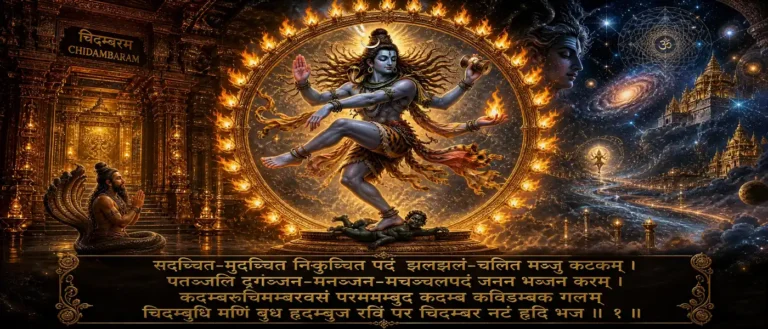 नटराज स्तोत्रं - Shiva as the cosmic dancer, traditionally associated with Patanjali and the sacred image of Chidambaram Nataraja. contains exact text:" सदञ्चित मुदञ्चित निकुञ्चित पदं झलझलञ्चलित मञ्जु कटकम् पतञ्जलि दृगञ्जन मनञ्जन मचञ्चलपदं जनन भञ्जन करम् । कदम्बरुचिमम्बरवसं परममम्बुद कदम्ब कविडम्बकगलम् चिदम्बुधि मणिं बुध हृदम्बुज रविं पर चिदम्बर नटं हृदि भज ॥ १॥