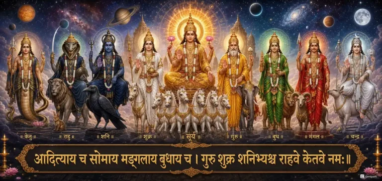नवग्रह स्तोत्रम् 9 Navagrahas , including the nine graha verses and closing phalashruti contains dhyaan shloka: आदित्याय च सोमाय मङ्गलाय बुधाय च । गुरु शुक्र शनिभ्यश्च राहवे केतवे नमः ॥