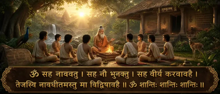 ॐ सहना ववतु - Guru- sage and Students in gurukul. May we work together with strength. May our studies be bright. May we not dislike each other. Om peace, peace, peace. contains exact Sanskrit text: ॐ सहना ववतु । सह नौ भुनक्तु । सह वीर्यं करवावहै । तेजस्वि नावधीतमस्तु मा विद्विषावहै ॥ ॐ शान्तिः शान्तिः शान्तिः ॥