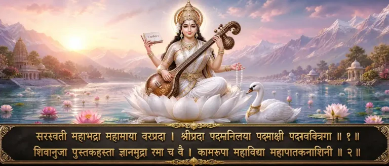 सरस्वती अष्टोत्तर शत नामावलि - Goddess Saraswati through sacred names connected with learning, speech, music, wisdom, purity, and graceful protection. contains exact sanskrit text: सरस्वती महाभद्रा महामाया वरप्रदा । श्रीप्रदा पद्मनिलया पद्माक्षी पद्मवक्त्रका ॥ १ ॥ शिवानुजा पुस्तकभृत् ज्ञानमुद्रा रमा परा । कामरूपा महाविद्या महापातकनाशिनी ॥ २ ॥