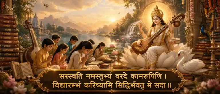सरस्वति नमस्तुभ्यं - Goddess Saraswati, remembered before learning, study, writing, music, and new education. contains exact sanskrit text: सरस्वति नमस्तुभ्यं वरदे कामरूपिणि । विद्यारम्भं करिष्यामि सिद्धिर्भवतु मे सदा ॥