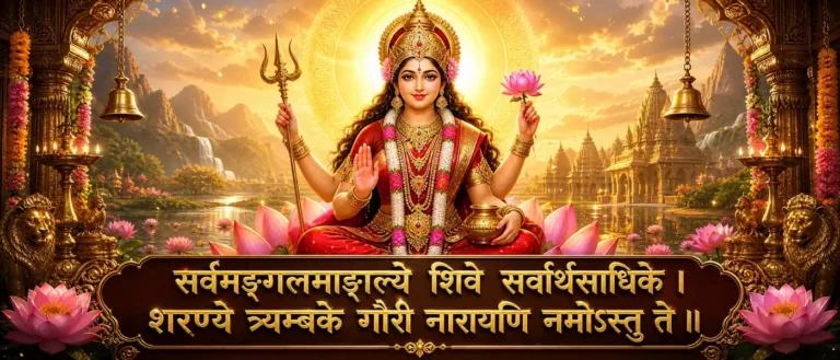 सर्वमङ्गलमाङ्गल्ये - Salutations to Narayani, the auspicious one, the refuge, the three-eyed Gauri, who supports all worthy aims. contains exact sanskrit text: सर्वमङ्गलमाङ्गल्ये शिवे सर्वार्थसाधिके । शरण्ये त्र्यम्बके गौरि नारायणि नमोऽस्तु ते ॥