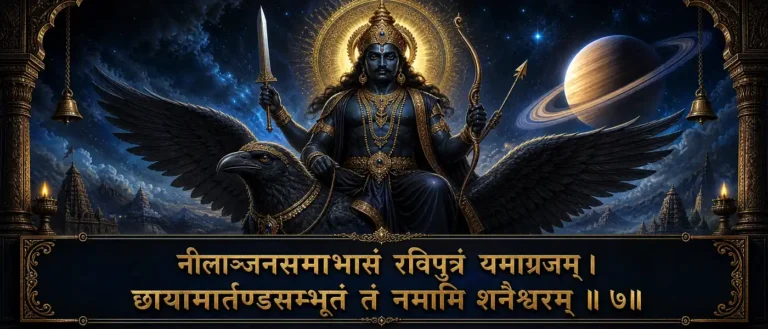 शनि नवग्रह श्लोक - Shani Navagraha Shloka - Bow To bows to Shanaishchara, the son of Surya and Chhaya. contains exact sanskrit shloka: नीलाञ्जनसमाभासं रविपुत्रं यमाग्रजम् । छायामार्तण्डसम्भूतं तं नमामि शनैश्चरम् ॥ ७॥