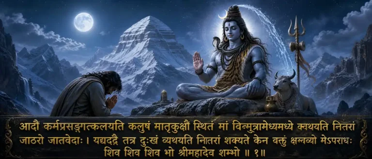 श्रीशिवापराधक्षमापणस्तोत्रम् - a prayer of apology to Lord Shiva, asking forgiveness for failings of body, speech, mind, worship, memory, and conduct. contains sanskrit text: आदौ कर्मप्रसङ्गात्कलयति कलुषं मातृकुक्षौ स्थितं मां विण्मूत्रामेध्यमध्ये क्वथयति नितरां जाठरो जातवेदाः । यद्यद्वै तत्र दुःखं व्यथयति नितरां शक्यते केन वक्तुं क्षन्तव्यो मेऽपराधः शिव शिव शिव भो श्रीमहादेव शम्भो ॥ १॥