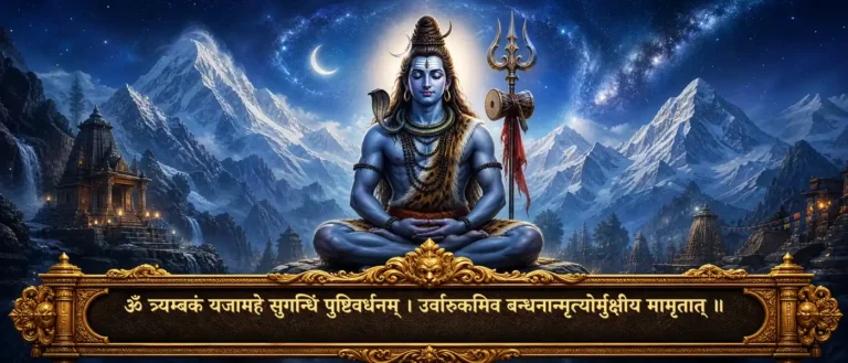 महामृत्युञ्जयमन्त्र - Lord Shiva, the three-eyed one, fragrant and nourishing; may we be released from death, like a ripe fruit from its stem, but not from immortality. contains exact sanskrit text: ॐ त्र्यम्बकं यजामहे सुगन्धिं पुष्टिवर्धनम् । उर्वारुकमिव बन्धनान्मृत्योर्मुक्षीय मामृतात् ॥