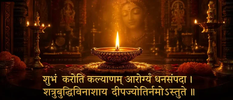 शुभं करोति कल्याणम् - lamp, diya, prayer remembered around deepa, aarti, evening worship, and Deepawali. contains exact sanskrit text: शुभं करोति कल्याणम् आरोग्यं धनसंपदा । शत्रुबुद्धिविनाशाय दीपज्योतिर्नमोऽस्तुते ॥