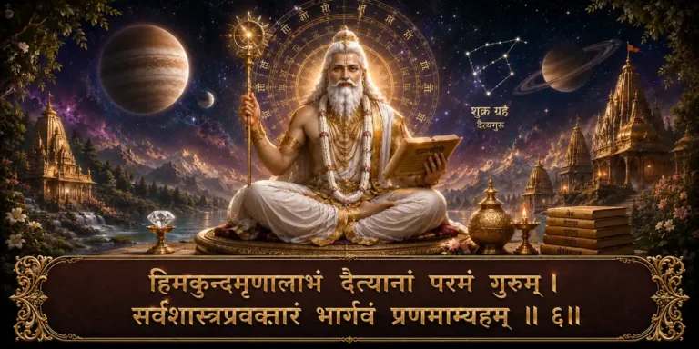 शुक्र नवग्रह श्लोक bows to Bhargava, the teacher of the daityas and speaker of sacred knowledge. Contains sanskrit shloka: हिमकुन्दमृणालाभं दैत्यानां परमं गुरुम् । सर्वशास्त्रप्रवक्तारं भार्गवं प्रणमाम्यहम् ॥ ६॥
