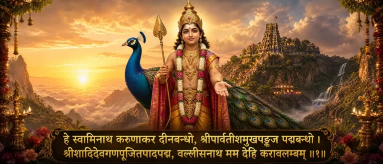सुब्रह्मण्य करावलम्बं Lord Subramanya, also known as Muruga or Kartikeya, to extend his hand in compassion. contains exact sanskrit text: हे स्वामिनाथ करुणाकर दीनबन्धो, श्रीपार्वतीशमुखपङ्कज पद्मबन्धो । श्रीशादिदेवगणपूजितपादपद्म, वल्लीसनाथ मम देहि करावलम्बम् ॥१॥