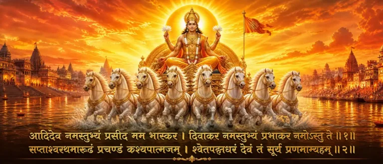 सूर्याष्टकम् - Surya Deva As Adideva, Bhaskara, Divakara, the lord of light, knowledge, and the worlds. contains exact sanskrit text: आदिदेव नमस्तुभ्यं प्रसीद मम भास्कर । दिवाकर नमस्तुभ्यं प्रभाकर नमोऽस्तु ते ॥१॥ सप्ताश्वरथमारूढं प्रचण्डं कश्यपात्मजम् । श्वेतपद्मधरं देवं तं सूर्यं प्रणमाम्यहम् ॥२॥