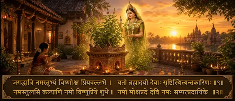 श्रीतुलसीस्तोत्रम् prayer to Tulasi, also called Vrinda, remembering her closeness to Vishnu and her sacred place in Vaishnava devotion. contain sanskrit script: जगद्धात्रि नमस्तुभ्यं विष्णोश्च प्रियवल्लभे । यतो ब्रह्मादयो देवाः सृष्टिस्थित्यन्तकारिणः ॥१॥ नमस्तुलसि कल्याणि नमो विष्णुप्रिये शुभे । नमो मोक्षप्रदे देवि नमः सम्पत्प्रदायिके ॥२॥