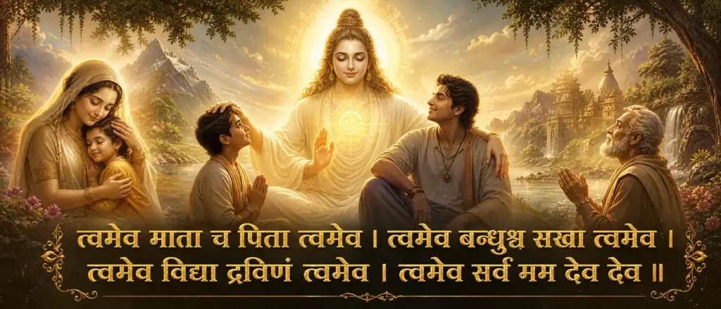 त्वमेव माता च पिता त्वमेव - Divine and guru as mother, father, friend, knowledge, wealth, and everything. contains exact sanskrit text: त्वमेव माता च पिता त्वमेव । त्वमेव बन्धुश्च सखा त्वमेव । त्वमेव विद्या द्रविणं त्वमेव । त्वमेव सर्वं मम देव देव ॥
